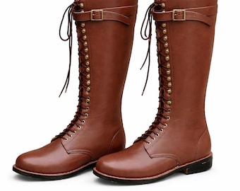 Handmade Lace-Up Riding Boots Brown Tall Genuine Leather Knee High Boots