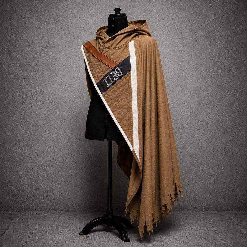 May include: A brown hooded cloak with a distinctive design. The cloak features a quilted shoulder panel with the number "1138" printed on a black stripe. A white stripe runs down the front. The cloak is displayed on a black mannequin.