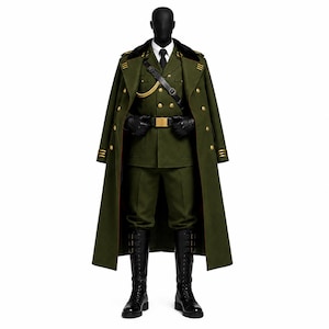 May include: An olive green military-style uniform set featuring a long double-breasted overcoat with gold buttons, a matching jacket, trousers, a black tie, a black belt with a gold buckle, a gold shoulder cord, black gloves, and tall black boots.