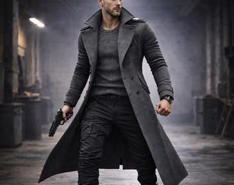 Men's Grey Wool Blend Long Trench Coat, Double-Breasted Military Style Overcoat