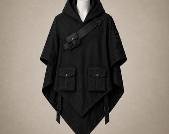 Medieval Hooded Poncho Cloak, Black Canvas Ranger Cape, Gothic LARP Costume, Dark Fantasy Assassin Cloak