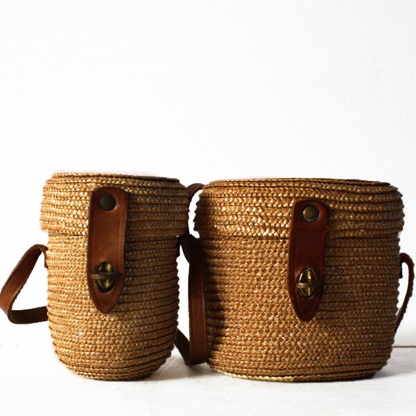 Set of two vintage MINI WOVEN Baskets with leather straps