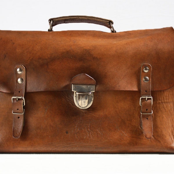 Great Vintage french real leather Brown  SCHOOLBAG -