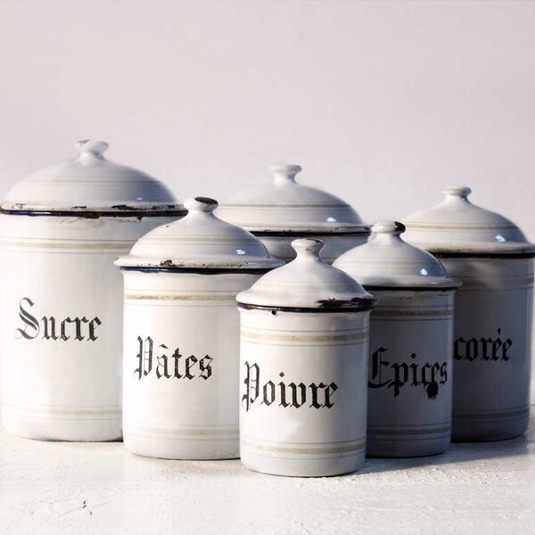 Beautiful French set of  six WHITE enamel canisters