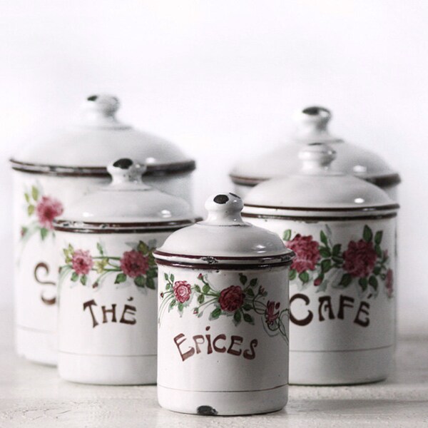 EXCEPTIONAL beautiful Set of 5 HANDPAINTED french ENAMEL Canisters 1900 Signed