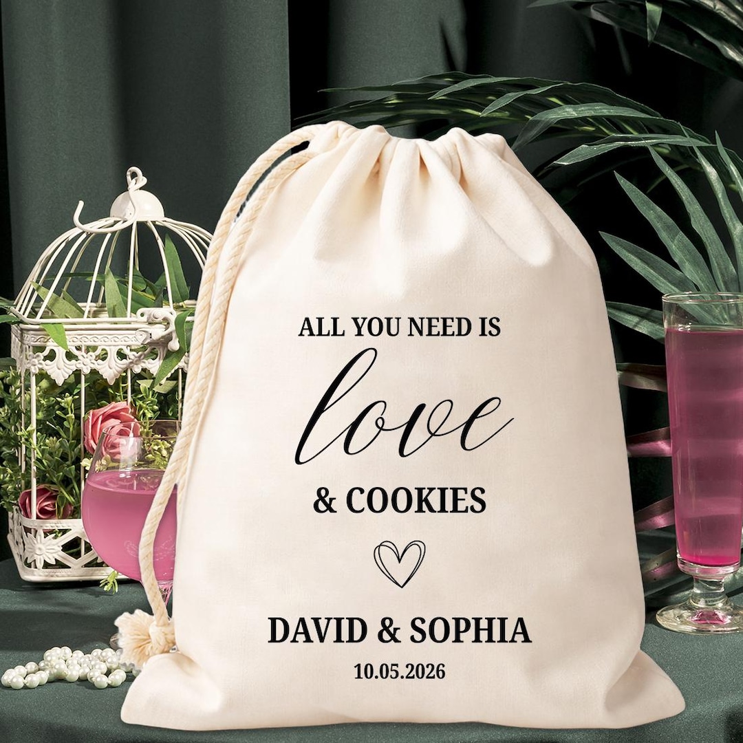 Personalized Wedding Favor Bags Love & Cookies, Custom Drawstring Gift ...