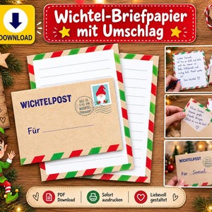 May include: A printable stationery set featuring lined paper with red and green striped borders, a kraft paper envelope labeled WICHTELPOST with a gnome stamp, and a cartoon elf illustration. The set includes text in German and a download icon.
