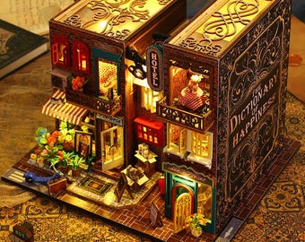 Zestaw DIY: Europejski kącik książkowy na wakacje, miniatura słownika szczęścia, drewniana układanka 3D do księgarni i hotelu, wkładka do półki na książki, prezent podróżny