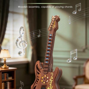 May include: A wooden assembly guitar with the text "PLAYING CHORD GUITAR". The guitar has a brown finish with gold accents and blue lights. The image includes musical notes and a treble clef.