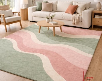 Hand Tufted Wool Rug Wavy Swirl Pink Sage Green | Abstract Wave Pattern Area Rug | Boho Modern Living Room Bedroom Carpet | Custom Sizes