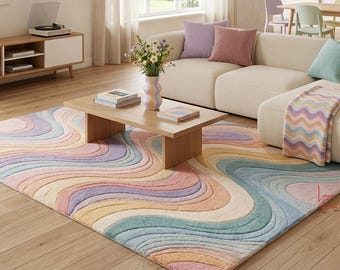 Hand Tufted Pastel Swirl New Zealand Wool Rug 5x8, Modern Abstract Area Carpet