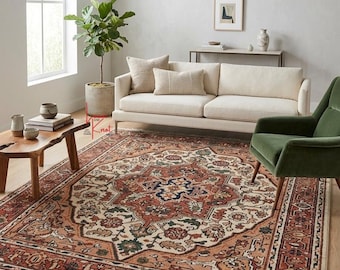 Hand Knotted Oushak Rug | 9x12 Turkish Oversize Area Carpet | Neutral Vintage Floral Living Room Rug | Large Handmade Oriental Wool Carpet