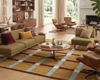 Hand Tufted Wool Plaid Rug Mustard Blue Burgundy Checkered Grid Mid Century Modern Geometric Area Rug Retro Carpet for Living Room Bedroom