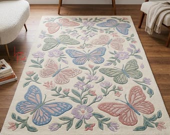 Pastel Butterfly Flower Rug – Hand Tufted New Zealand Wool Girls Room Area Rug
