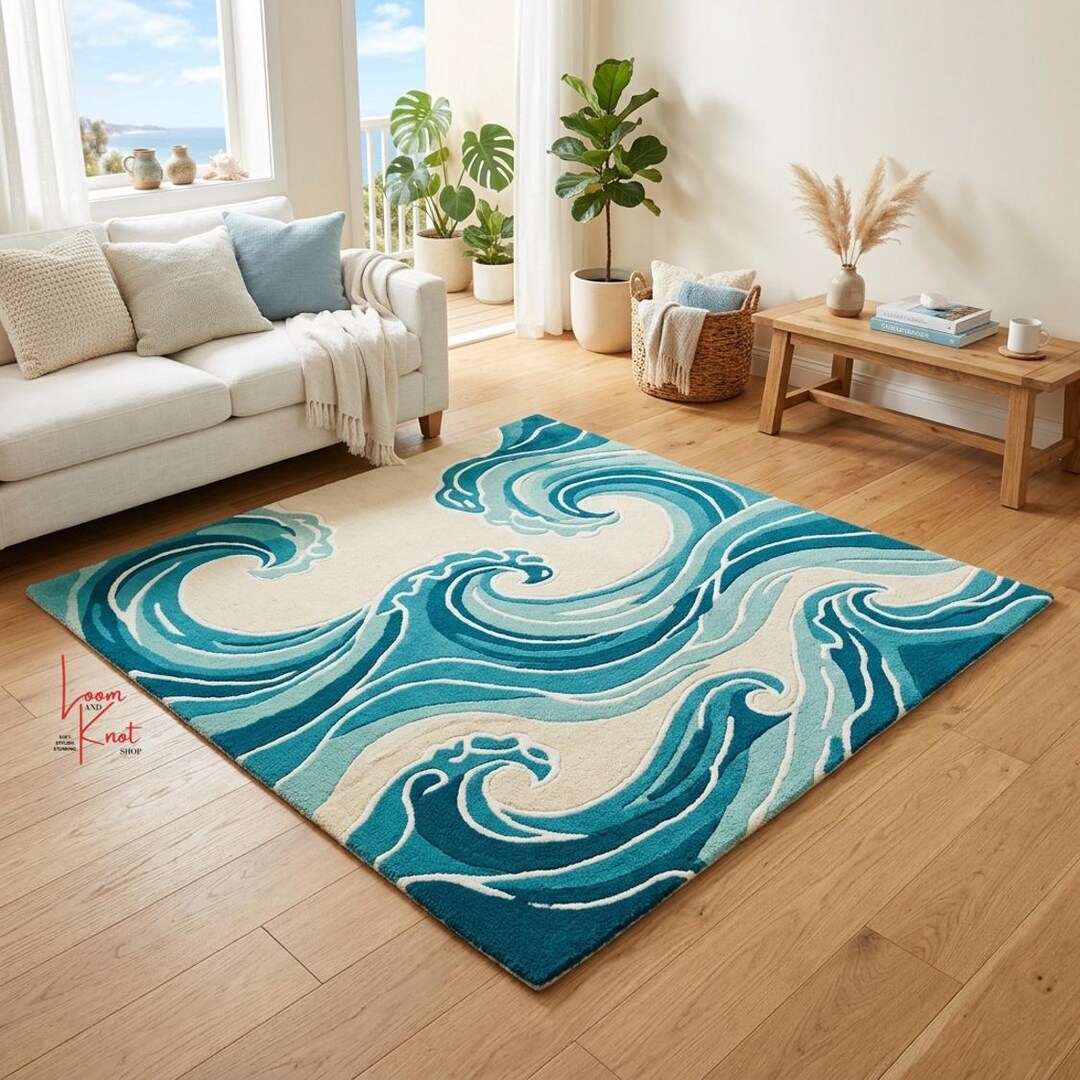 Wool Wave Rug Ocean Wave Rug, Hand Tufted Wool Rug, Blue Coastal Rug, Abstract Wave ...