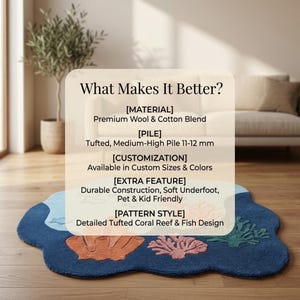 Op de afbeelding: Een getuft tapijt met een koraalrif- en visontwerp in blauw, oranje, roze en groen. De tekst luidt: What Makes It Better? Material: Premium Wool & Cotton Blend. Pile: Tufted, Medium-High Pile 11-12 mm. Customization: Available in Custom Sizes & Colors.