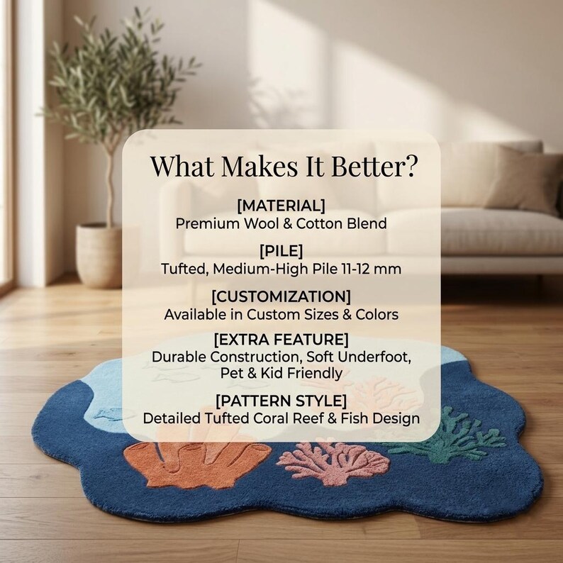 Op de afbeelding: Een getuft tapijt met een koraalrif- en visontwerp in blauw, oranje, roze en groen. De tekst luidt: What Makes It Better? Material: Premium Wool & Cotton Blend. Pile: Tufted, Medium-High Pile 11-12 mm. Customization: Available in Custom Sizes & Colors.