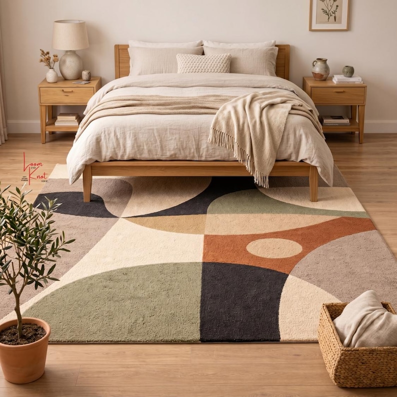 May include: A rectangular area rug featuring a geometric pattern of overlapping circles and arcs in muted tones of sage green, terracotta, charcoal gray, beige, and cream. The rug is positioned on a light wood floor in a bedroom setting.