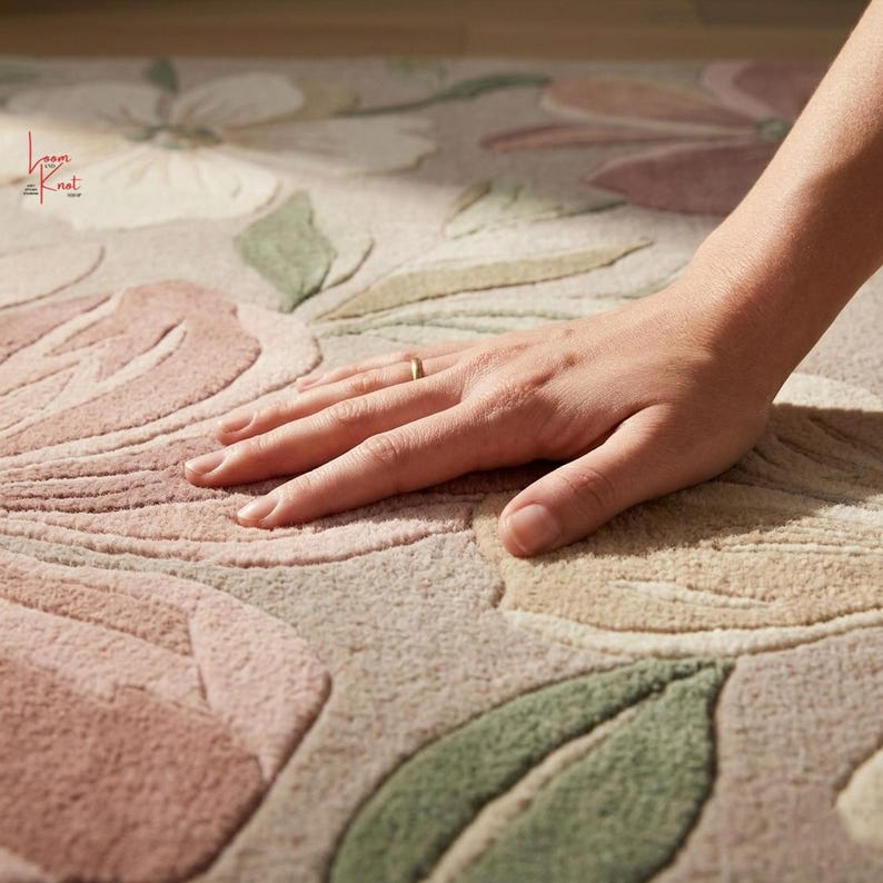 Hand Tufted Wool Floral Rug 8x10 Beige Pink Area Rug Large Flower Rug ...