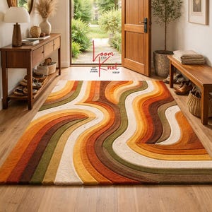 8x10 vibrant wool area rug with retro wavy design in modern interior