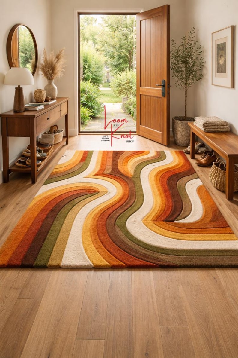 8x10 vibrant wool area rug with retro wavy design in modern interior