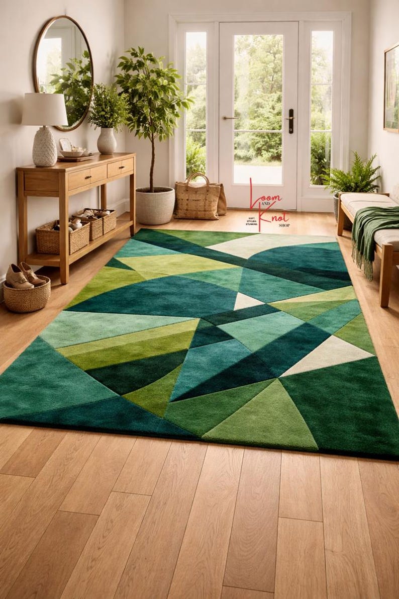 Green Geometric Rug Tufted Wool Rug Modern Abstract Area Rug Handmade ...