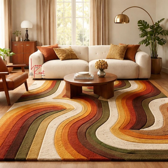 Hand Tufted Mid Century Modern Rug, Retro Wavy Pattern, Earth Tones Wool Carpet