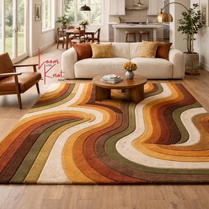 Vintage-inspired mid-century geometric rug in living room with sofa