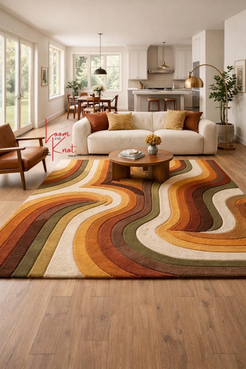 Vintage-inspired mid-century geometric rug in living room with sofa