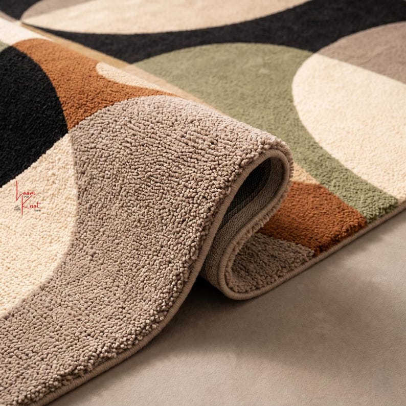 May include: A tufted area rug featuring a geometric pattern of large overlapping circles in shades of black, cream, olive green, and terracotta. The rug has a thick, textured pile and a folded corner revealing the backing, with the text Loom and Knot.
