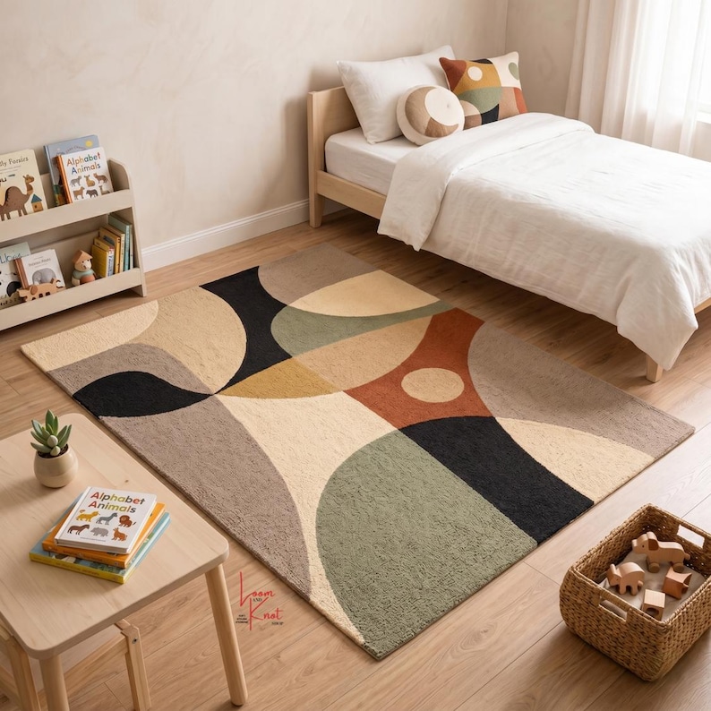 May include: A rectangular area rug featuring a geometric pattern of overlapping circles and semicircles in shades of sage green, terracotta, black, cream, and beige. The rug is placed on a light wood floor in a room with a bed and a small table.