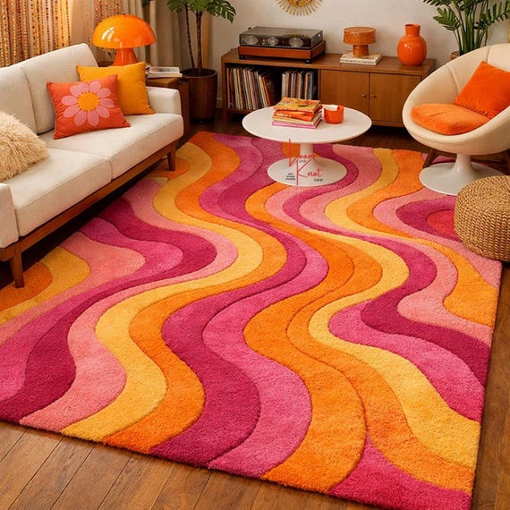 Hand Tufted Wool Rug Pink Orange Wavy 70s Retro Rug Psychedelic Carpet Mid Century Boho Chic Area Rug Colorful Living Room Rug