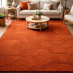 Hand Tufted Wool Rug, Large Orange Area Rug, Modern Floral Living Room Carpet, Aesthetic Textured Bedroom Rug, Rust Orange Home Decor image 1