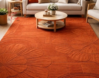 Hand Tufted Wool Rug, Large Orange Area Rug, Modern Floral Living Room Carpet, Aesthetic Textured Bedroom Rug, Rust Orange Home Decor