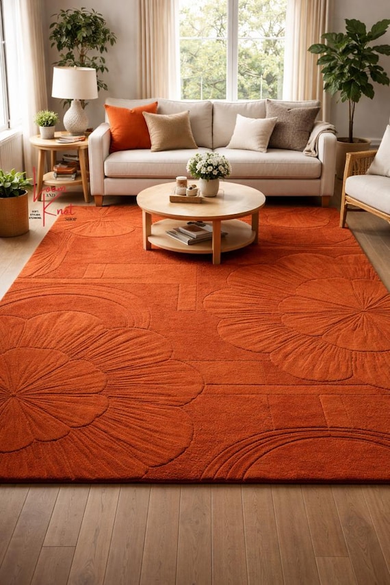 Hand Tufted Wool Rug, Large Orange Area Rug, Modern Floral Living Room Carpet, Aesthetic Textured Bedroom Rug, Rust Orange Home Decor