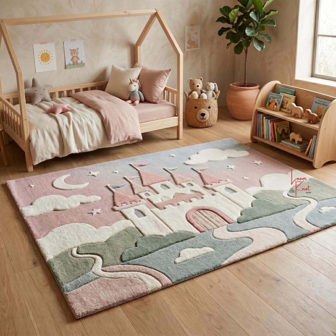 Castle Rug Nursery Wool Hand Tufted Kids Rug Princess Room Decor Girl ...