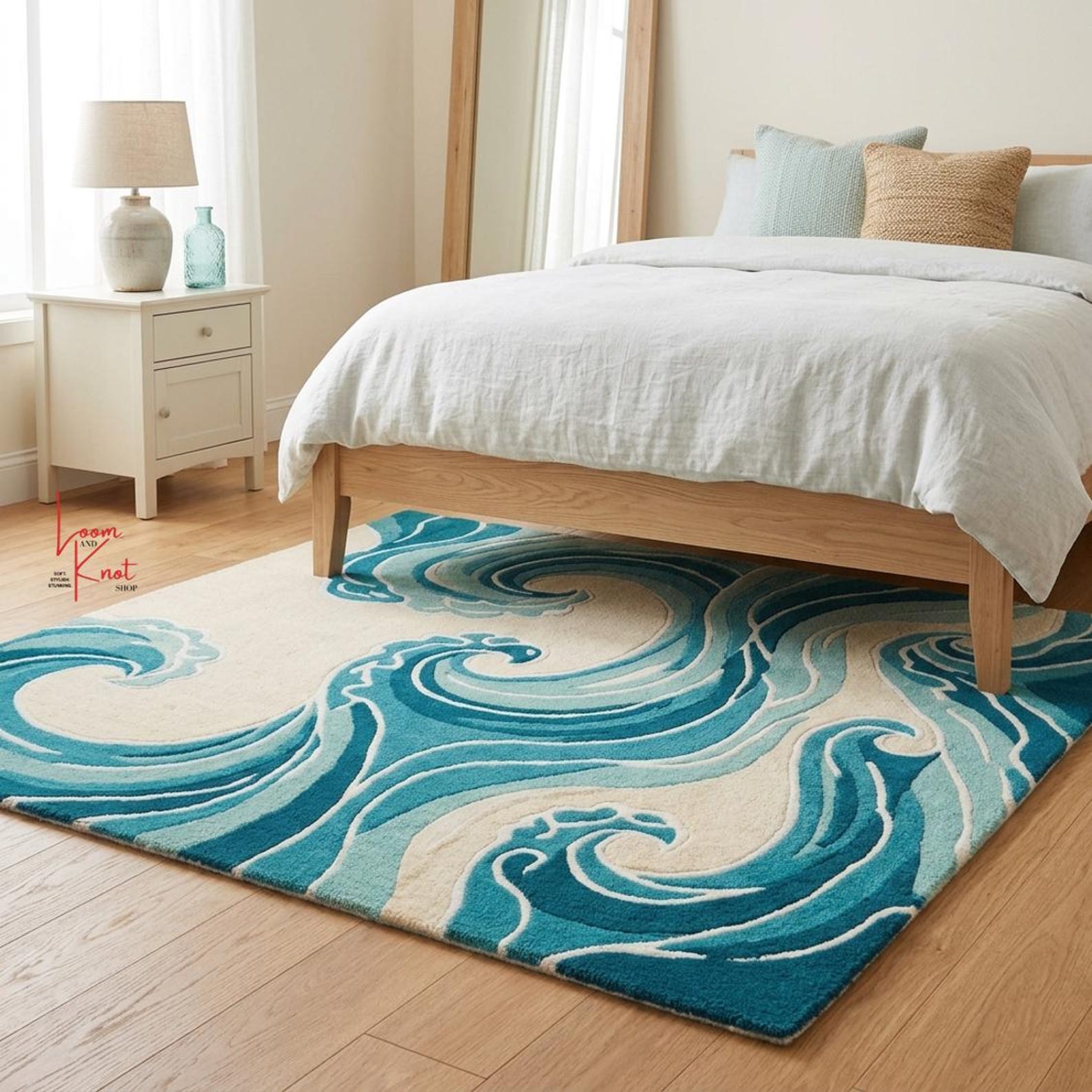 Ocean Wave Rug, Hand Tufted Wool Rug, Blue Coastal Rug, Abstract Wave ...