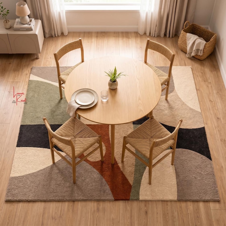 May include: A round light wood dining table with four matching chairs featuring woven seats, positioned on a large rectangular area rug with an abstract pattern of beige, brown, green, and black shapes, with a small potted plant and plate.
