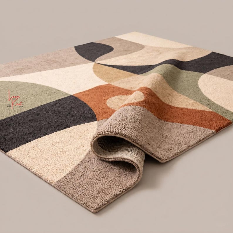 May include: A rectangular area rug featuring a tufted texture and an abstract pattern of curved shapes in shades of cream, beige, dark gray, olive green, and terracotta. The logo Loom and Knot is printed in red on the left side of the rug.