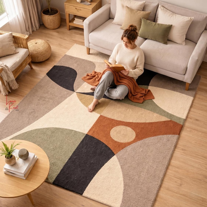 May include: A rectangular area rug featuring a geometric pattern with large, curved shapes in shades of black, sage green, terracotta, beige, and taupe. The rug has a textured, tufted surface and is laid out on a light-colored wooden floor.