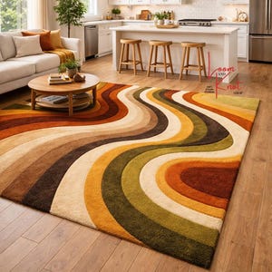 Abstract wavy hand tufted rug 6x9 in open concept kitchen living area