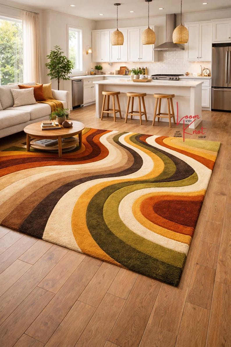 Abstract wavy hand tufted rug 6x9 in open concept kitchen living area
