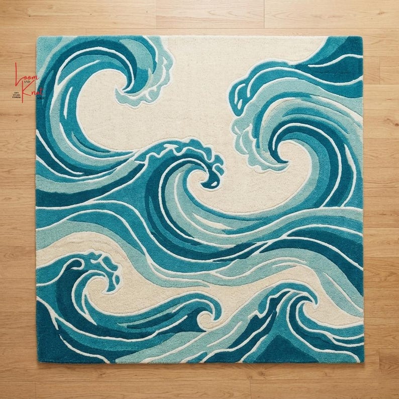 Ocean Wave Rug, Hand Tufted Wool Rug, Blue Coastal Rug, Abstract Wave ...
