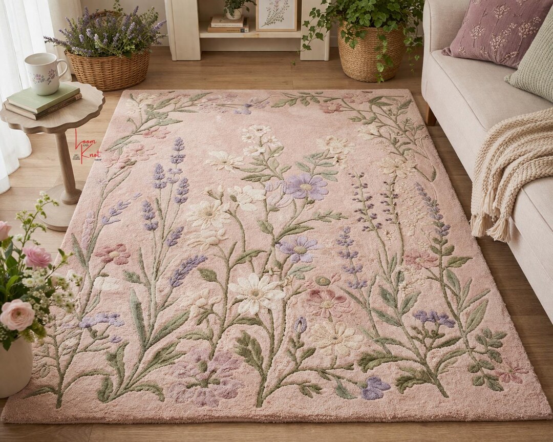 Blush Pink Floral Area Rug Hand Tufted Wool Rug Cottagecore Botanical ...