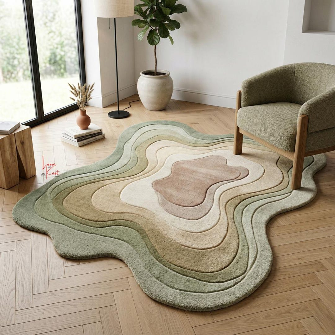 Hand Tufted Wool Rug, Organic Shaped Area Rug, Sage Green Wavy Living ...