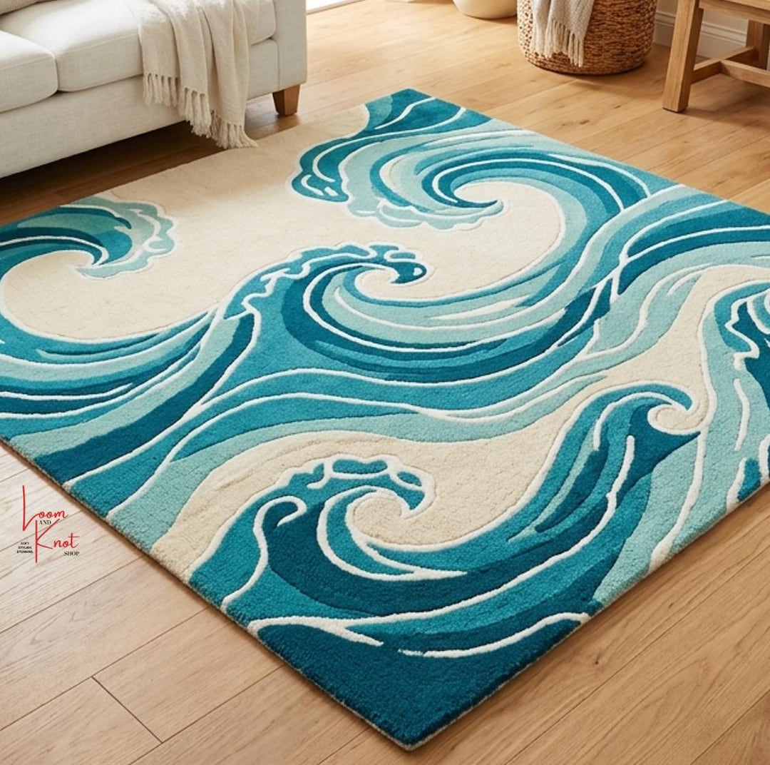 Ocean Wave Rug, Hand Tufted Wool Rug, Blue Coastal Rug, Abstract Wave ...