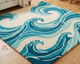 Oceaangolftapijt, handgetuft wollen tapijt, blauw kusttapijt, abstract golftapijt, tapijt met onregelmatige vorm, modern woonkamertapijt, tapijt kustdecor