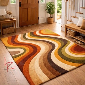 Hand tufted retro area rug 4x6 in entryway, 70s style New Zealand wool rug