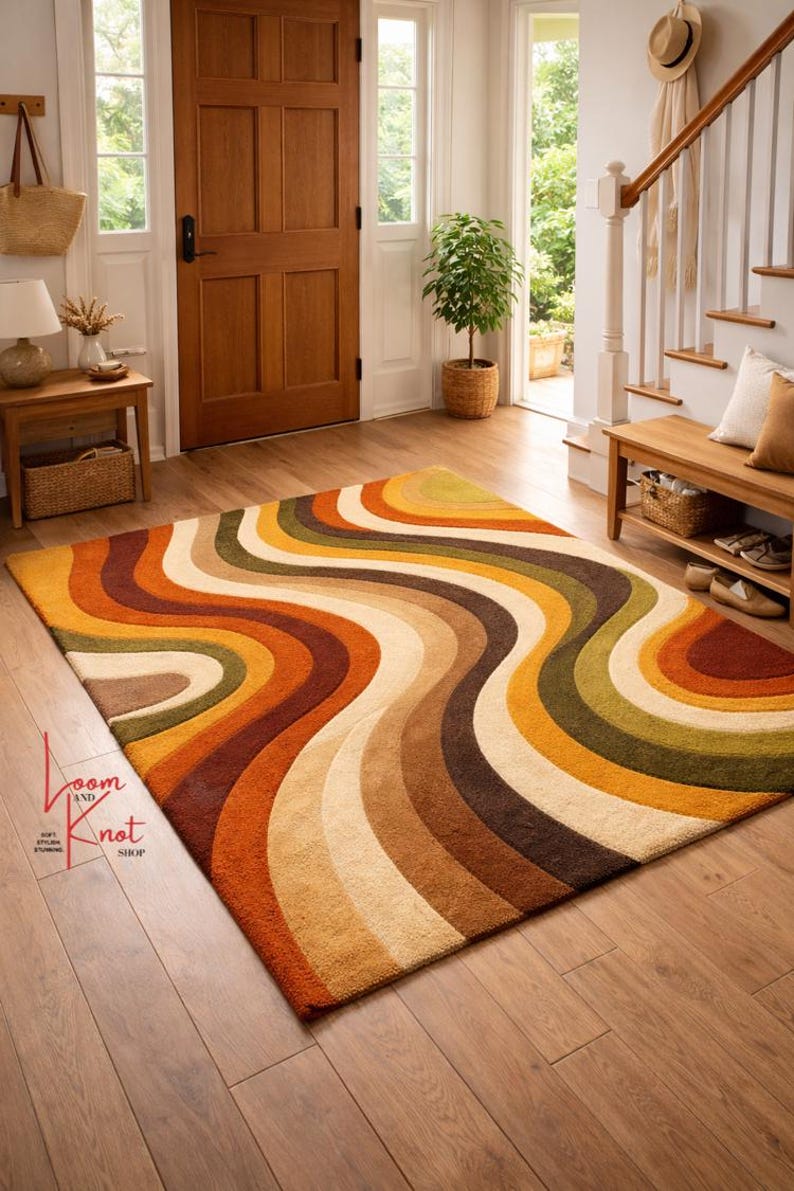 Hand tufted retro area rug 4x6 in entryway, 70s style New Zealand wool rug