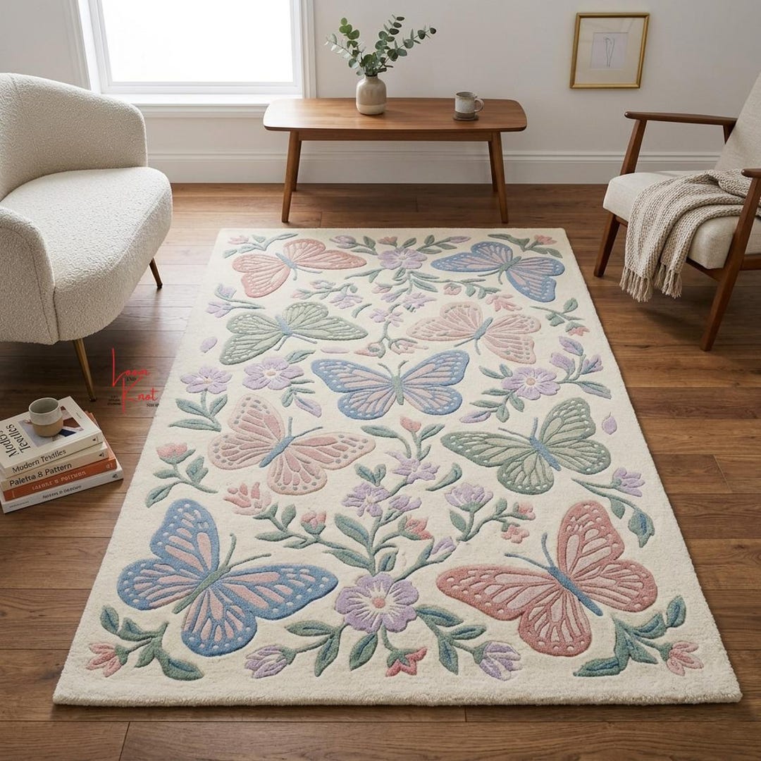 Pastel Butterfly Flower Rug – Hand Tufted New Zealand Wool Girls Room ...